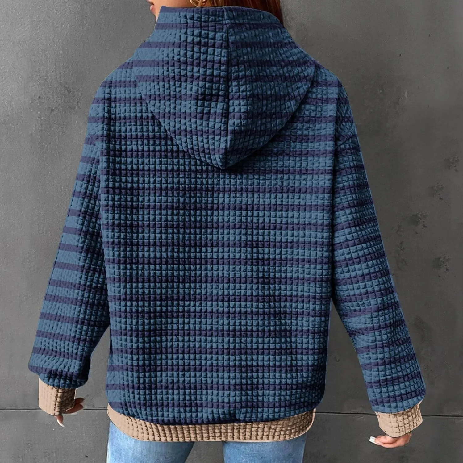 Womens Striped Hoodies Drawstring Fall Fashion Long Sleeve Sweatshirts Color Block Loose Pullover Tops with Pockets