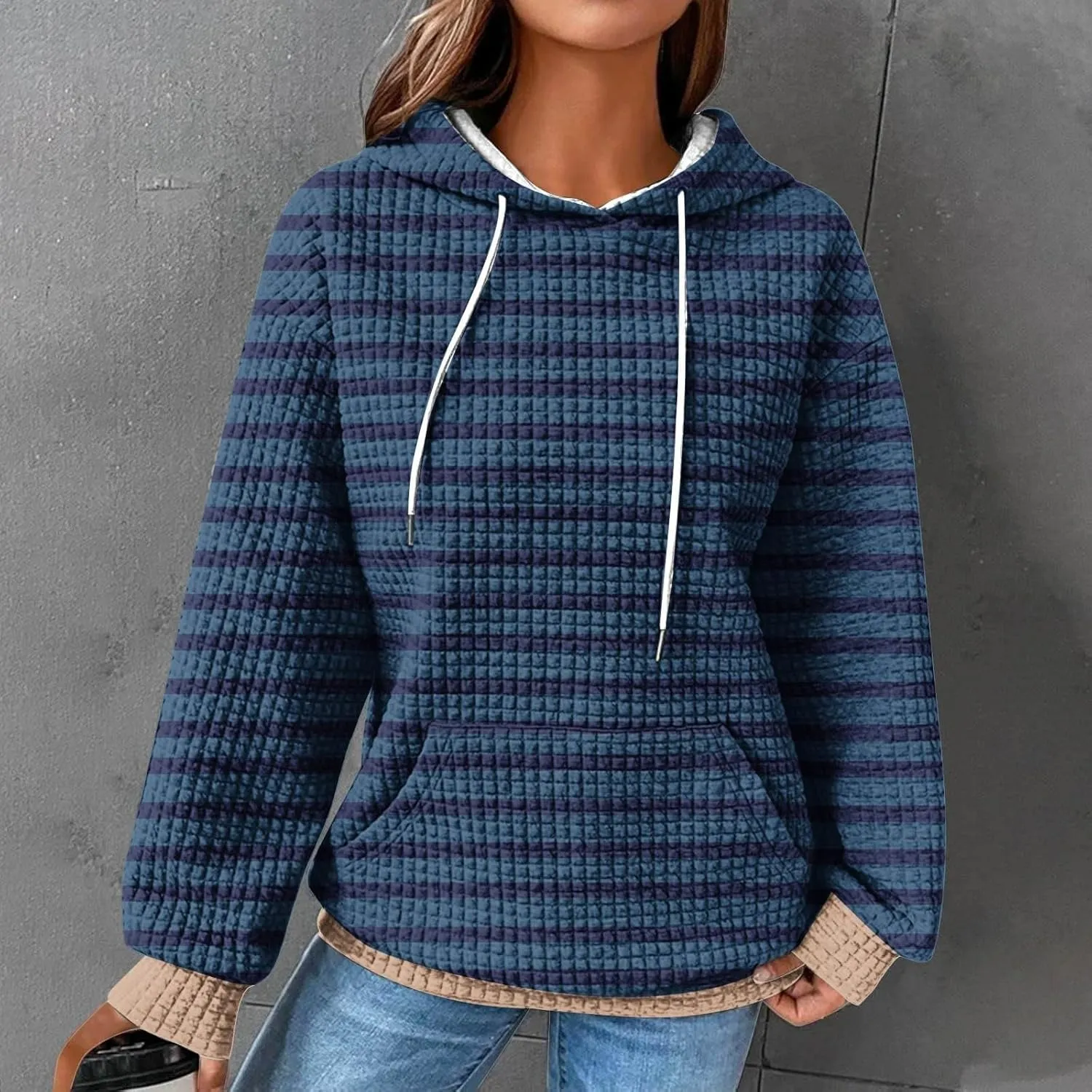 Womens Striped Hoodies Drawstring Fall Fashion Long Sleeve Sweatshirts Color Block Loose Pullover Tops with Pockets