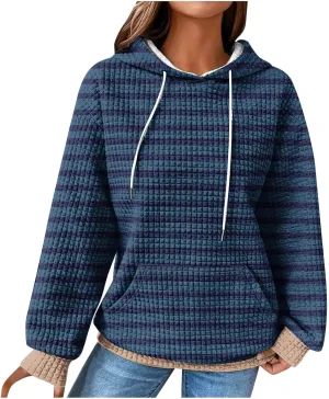 Womens Striped Hoodies Drawstring Fall Fashion Long Sleeve Sweatshirts Color Block Loose Pullover Tops with Pockets