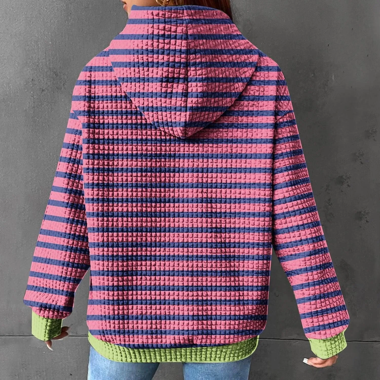 Womens Striped Hoodies Drawstring Fall Fashion Long Sleeve Sweatshirts Color Block Loose Pullover Tops with Pockets
