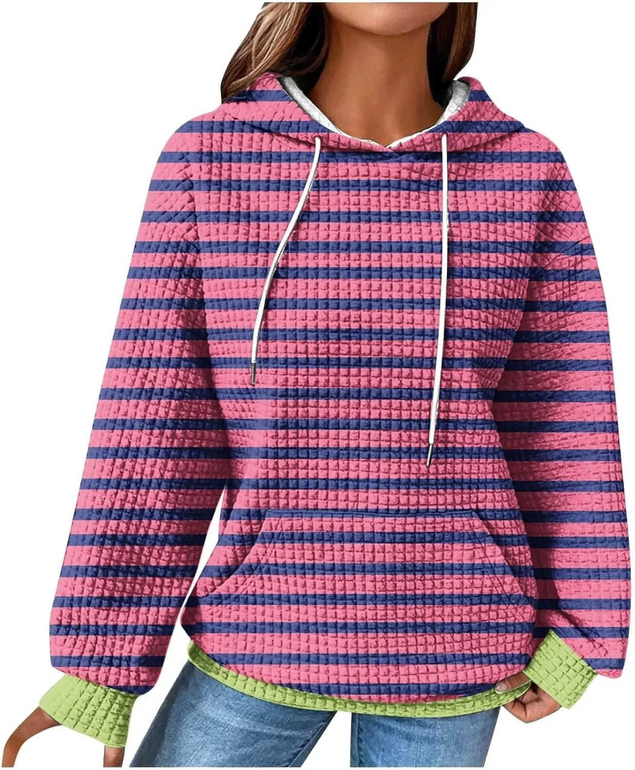 Womens Striped Hoodies Drawstring Fall Fashion Long Sleeve Sweatshirts Color Block Loose Pullover Tops with Pockets