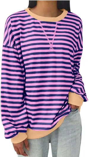 Women's Striped Oversized Sweatshirt 2024 Trendy Crew Neck Long Sleeve Casual Tshirts Loose Pullover Top Y2K Clothes