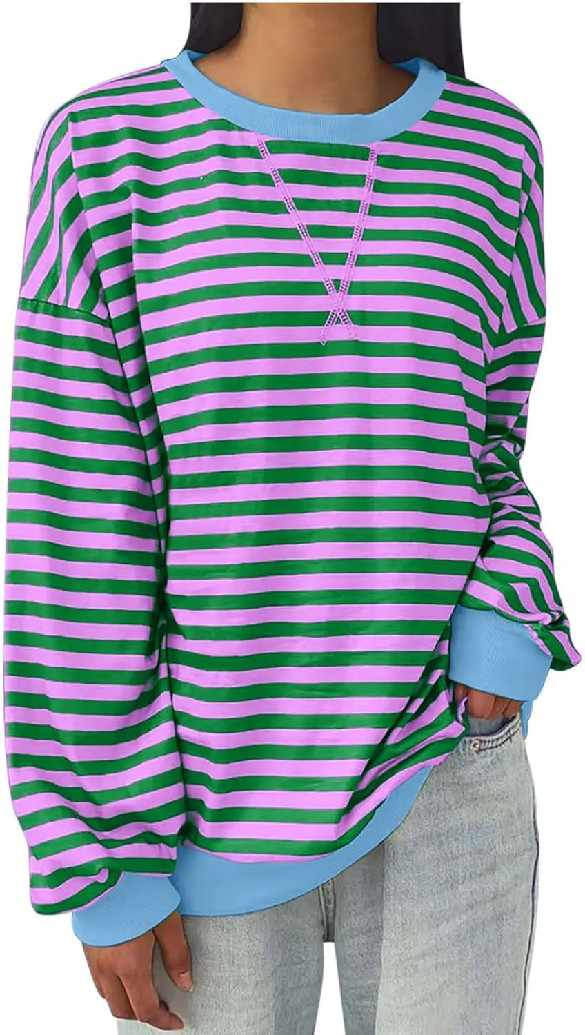 Women's Striped Oversized Sweatshirt 2024 Trendy Crew Neck Long Sleeve Casual Tshirts Loose Pullover Top Y2K Clothes