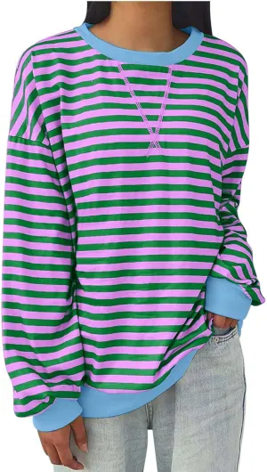 Women's Striped Oversized Sweatshirt 2024 Trendy Crew Neck Long Sleeve Casual Tshirts Loose Pullover Top Y2K Clothes
