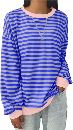 Women's Striped Oversized Sweatshirt 2024 Trendy Crew Neck Long Sleeve Casual Tshirts Loose Pullover Top Y2K Clothes