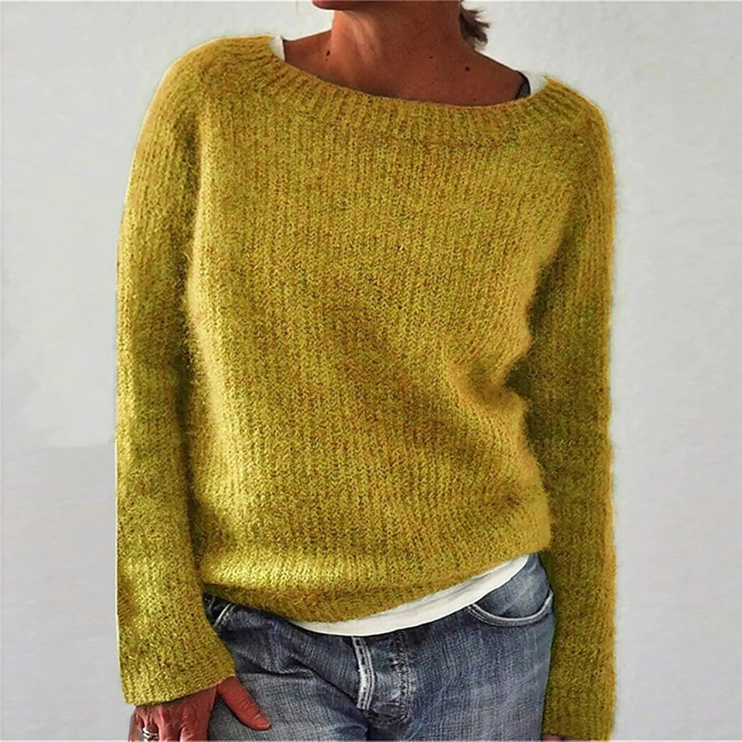 Womens Sweater Chunky Knit Solid Color Round Neck Long Sleeve Casual Soft Loose Fit Jumper Tops