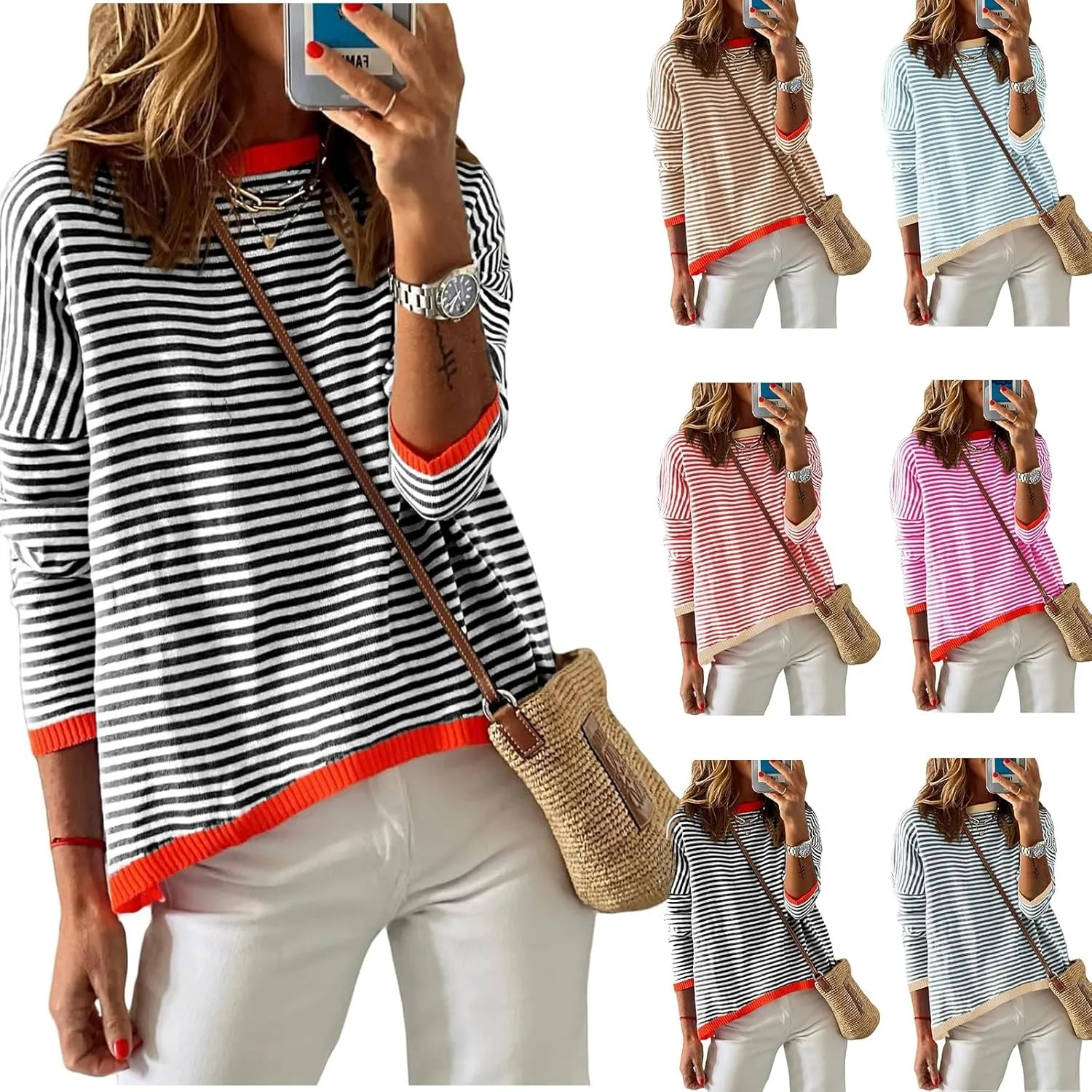 Womens Sweater Fashion Dressy Striped Crewneck Long Sleeve Knitted Pullover Tops Casual Loose Fit Streetwear Sweater