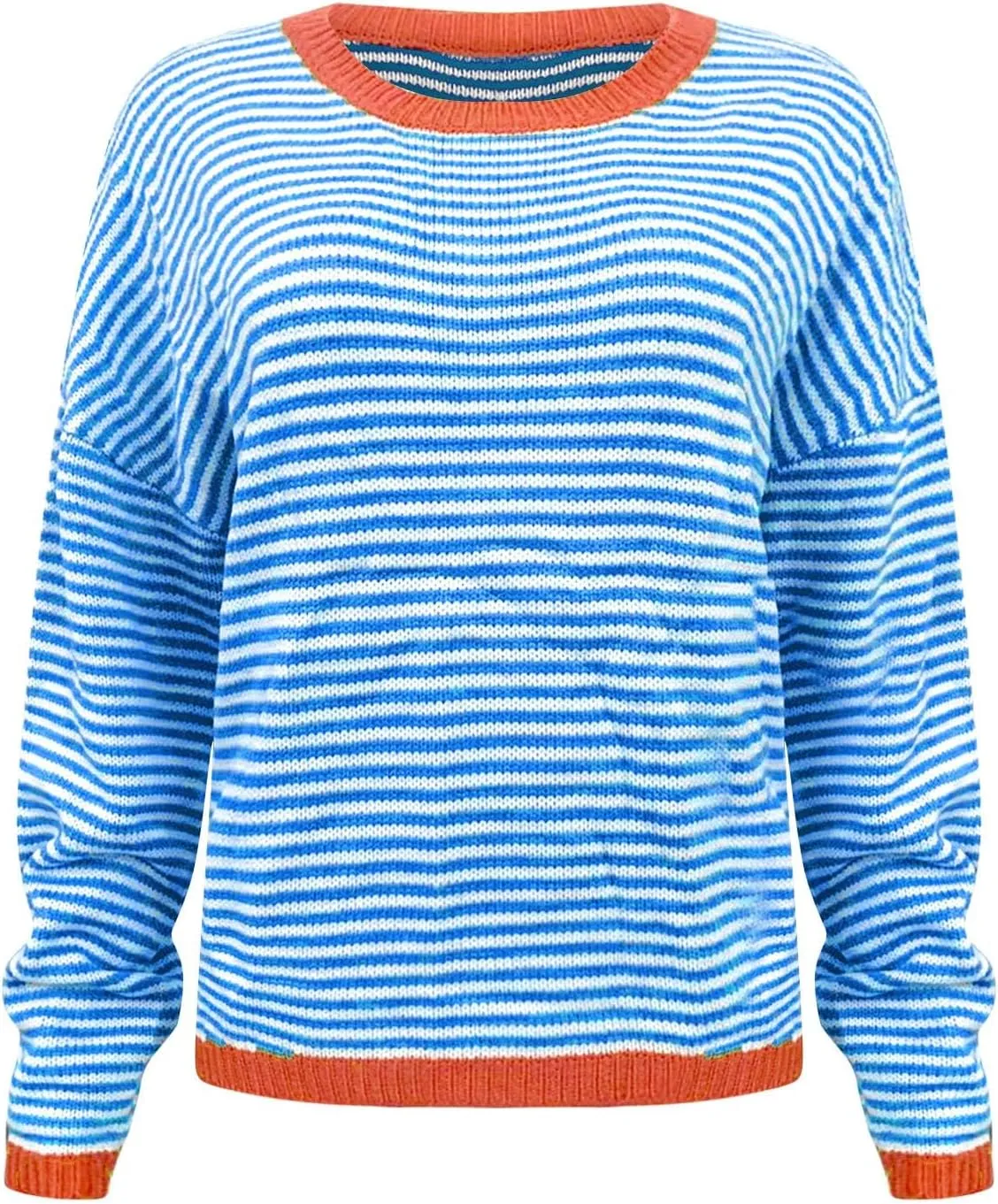 Womens Sweater Fashion Dressy Striped Crewneck Long Sleeve Knitted Pullover Tops Casual Loose Fit Streetwear Sweater