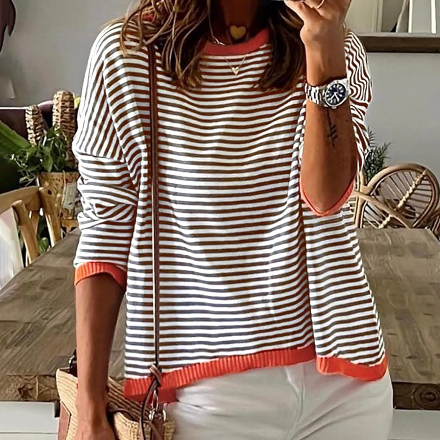 Womens Sweater Fashion Dressy Striped Crewneck Long Sleeve Knitted Pullover Tops Casual Loose Fit Streetwear Sweater