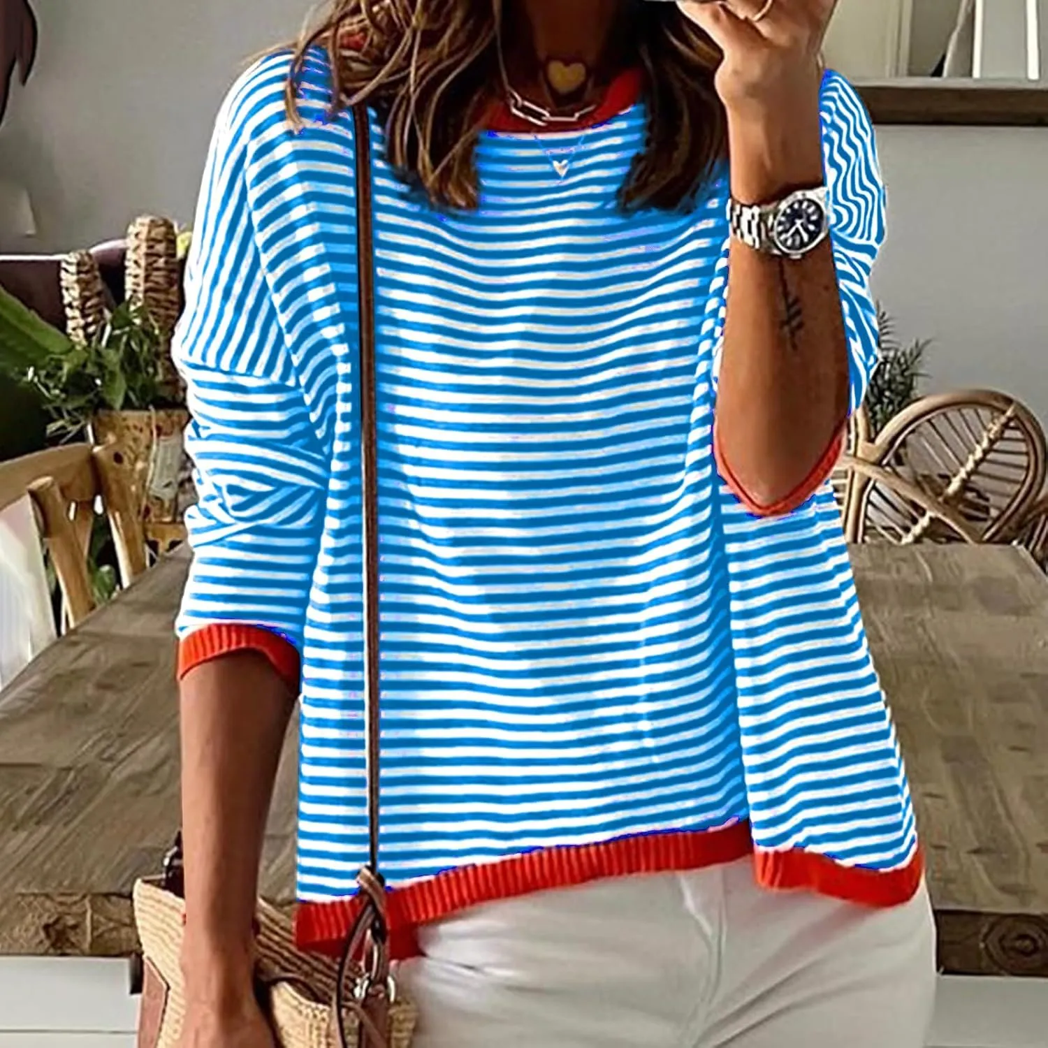 Womens Sweater Fashion Dressy Striped Crewneck Long Sleeve Knitted Pullover Tops Casual Loose Fit Streetwear Sweater