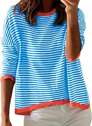 Womens Sweater Fashion Dressy Striped Crewneck Long Sleeve Knitted Pullover Tops Casual Loose Fit Streetwear Sweater