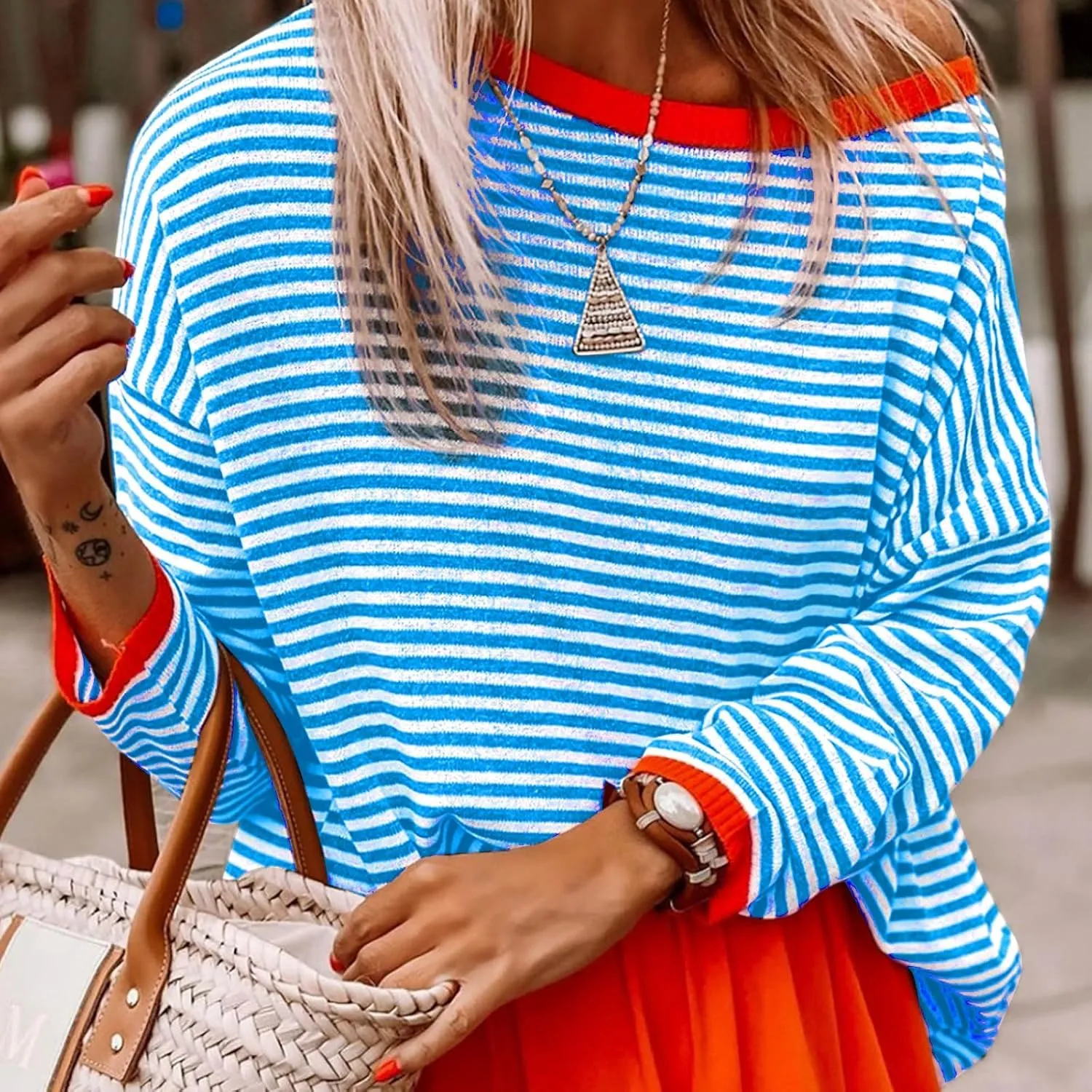 Womens Sweater Fashion Dressy Striped Crewneck Long Sleeve Knitted Pullover Tops Casual Loose Fit Streetwear Sweater