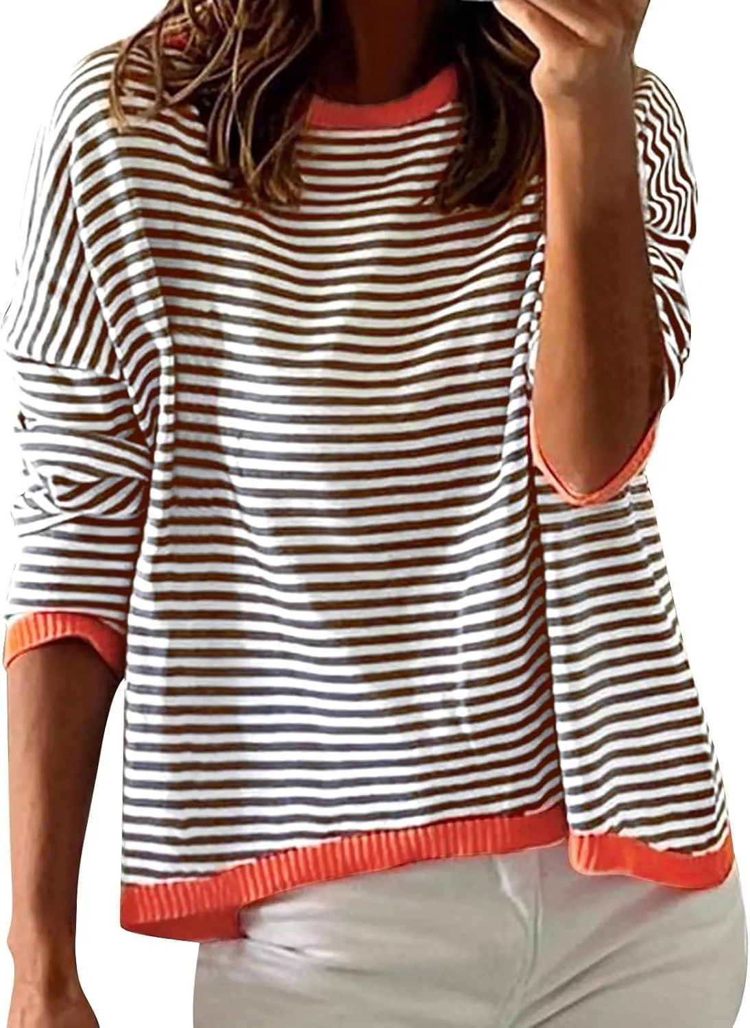 Womens Sweater Fashion Dressy Striped Crewneck Long Sleeve Knitted Pullover Tops Casual Loose Fit Streetwear Sweater