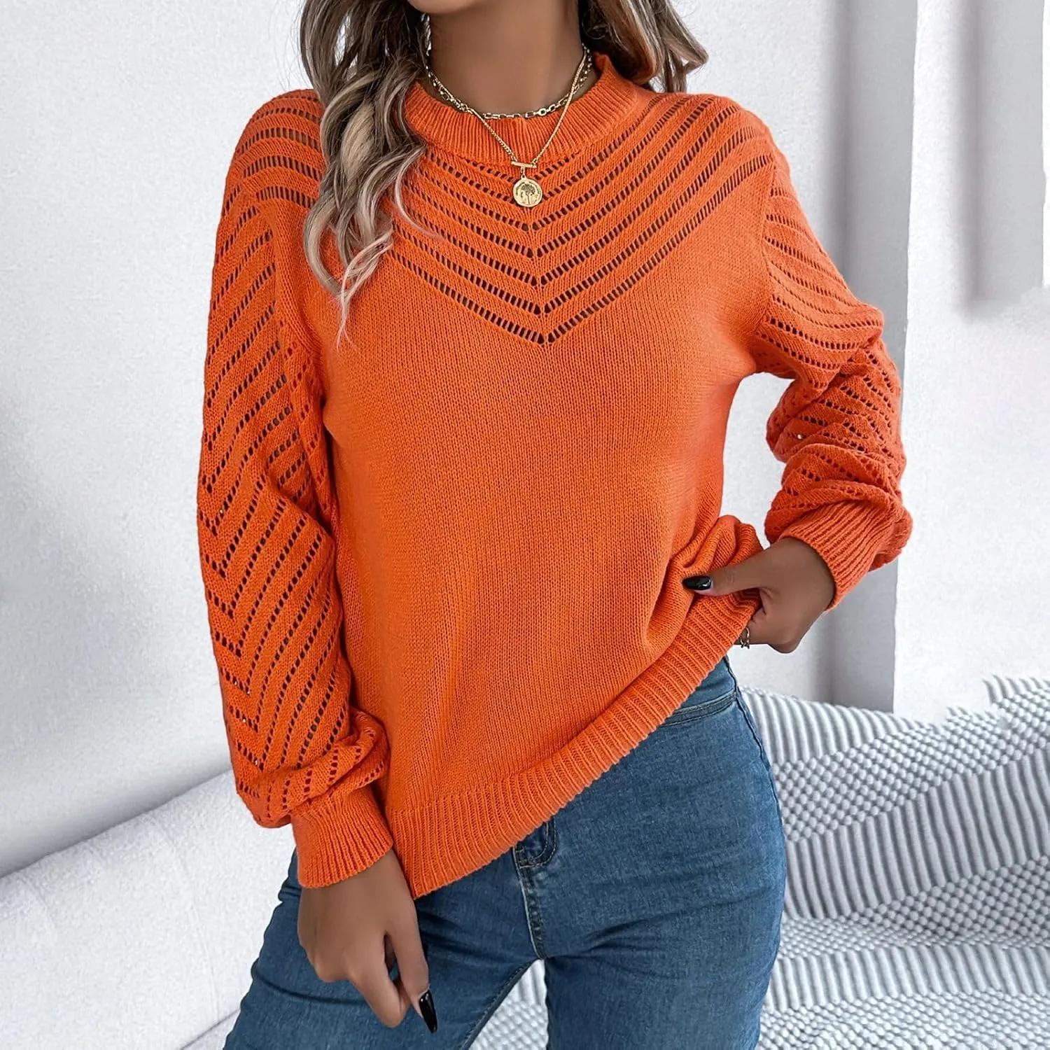 Womens Sweaters Cable Knit V Neck Solid Color Long Sleeve Casual Loose Fit Soft Jumper Tops