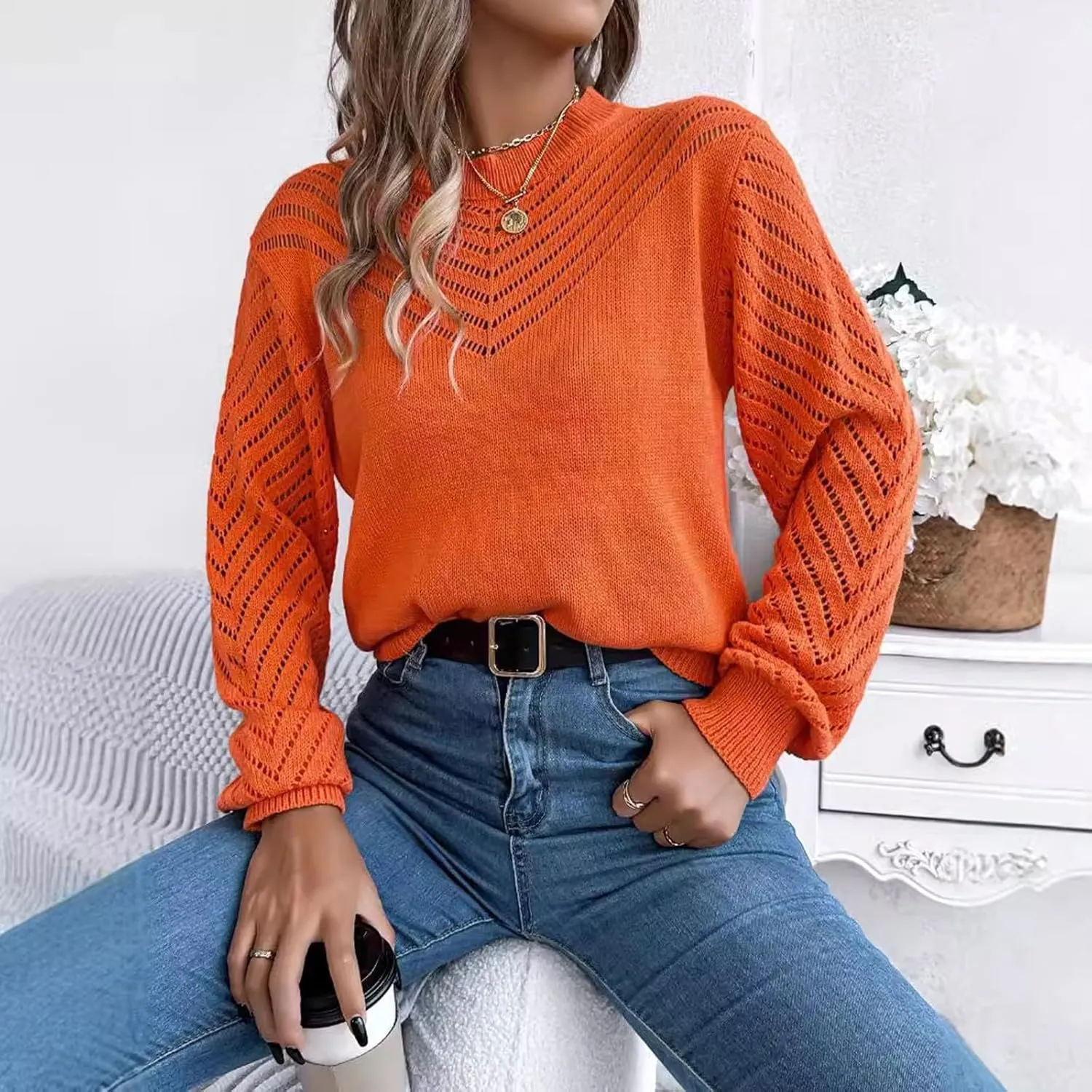 Womens Sweaters Cable Knit V Neck Solid Color Long Sleeve Casual Loose Fit Soft Jumper Tops