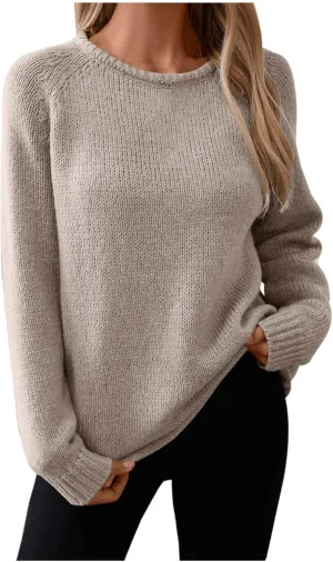 Women's Sweaters Dressy Casual Solid Color Rolled Sleeve Pullover Sweater Autumn Winter Loose Fit Casual