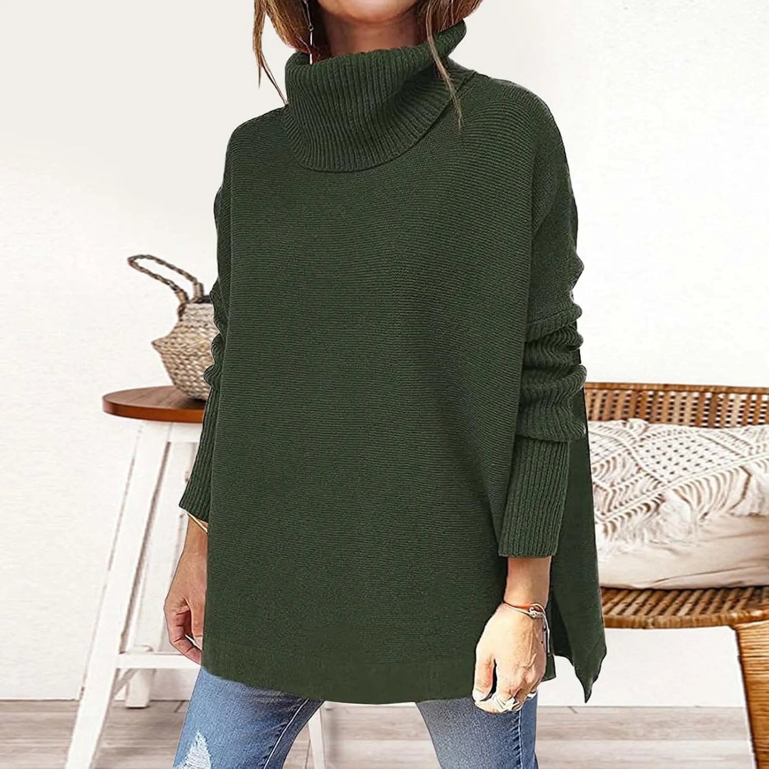 Womens Sweaters Turtleneck Batwing Sleeve Loose Oversized Sweaters Chunky Knitted Pullover Night Pullover College