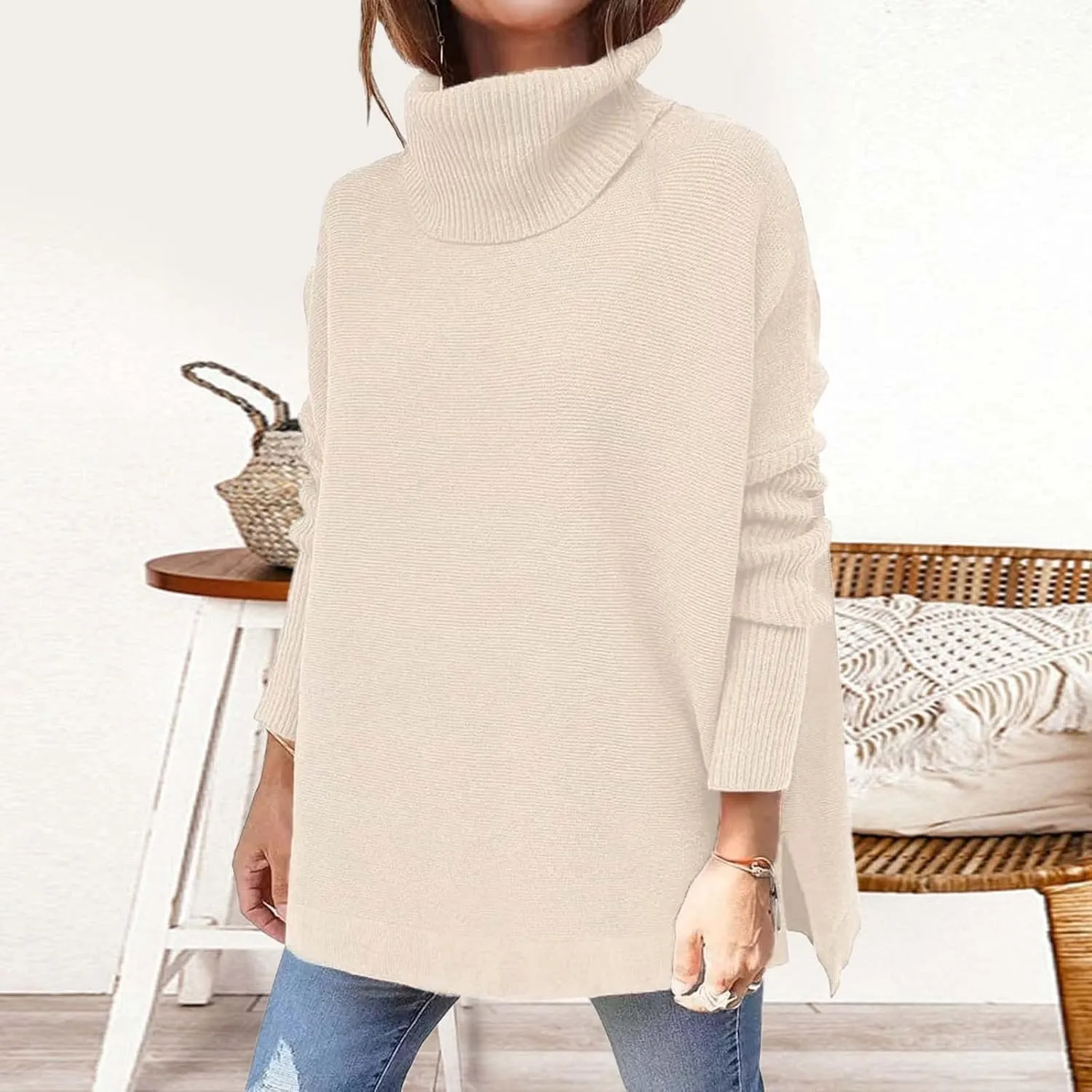 Womens Sweaters Turtleneck Batwing Sleeve Loose Oversized Sweaters Chunky Knitted Pullover Night Pullover College