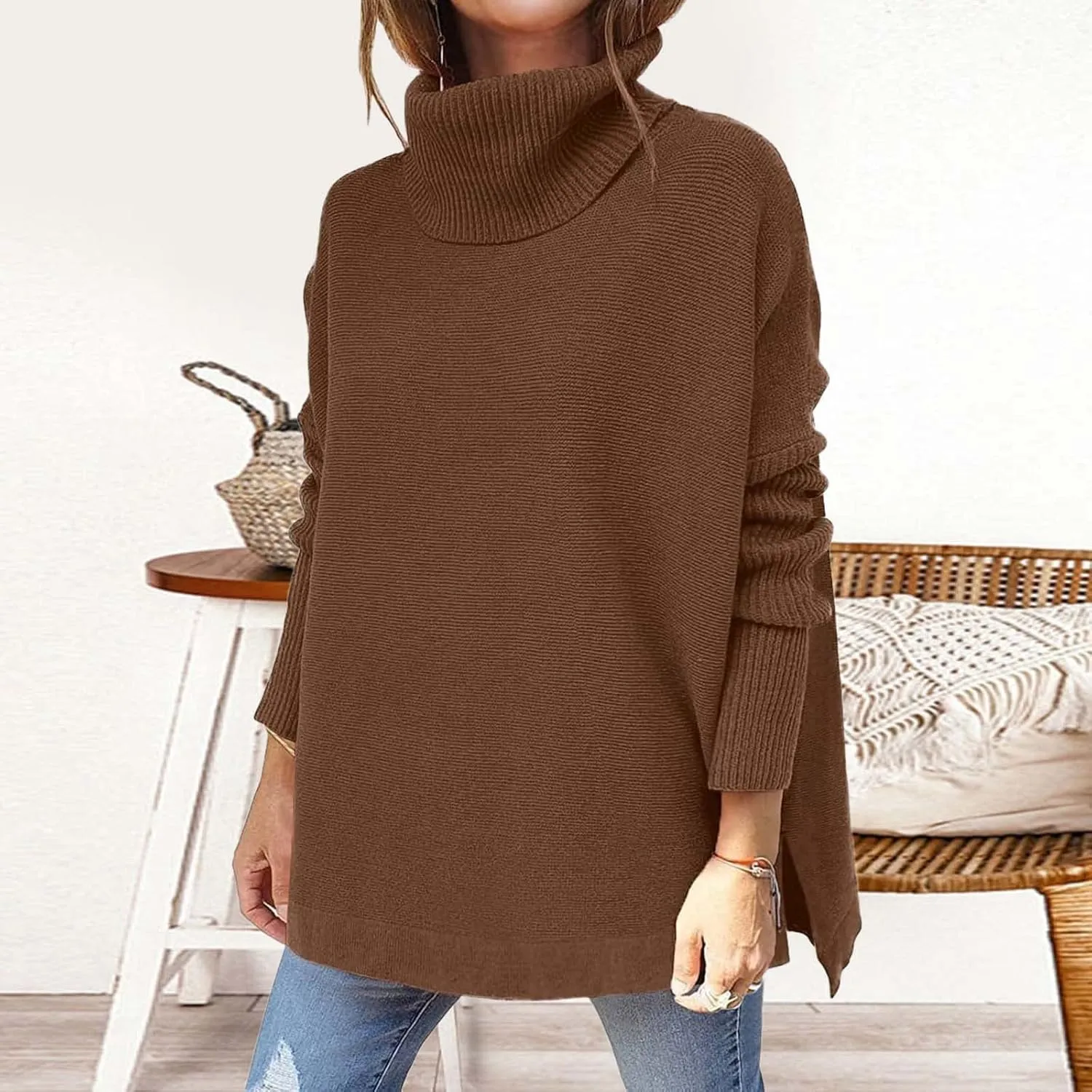 Womens Sweaters Turtleneck Batwing Sleeve Loose Oversized Sweaters Chunky Knitted Pullover Night Pullover College