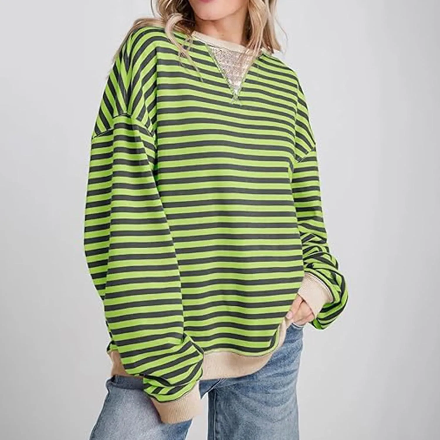 Womens Sweatshirt Casual Striped Color Block Crewneck Pullover Tops Fleece Soft Cofmy Clothes 2024 Fshion Fall Tops