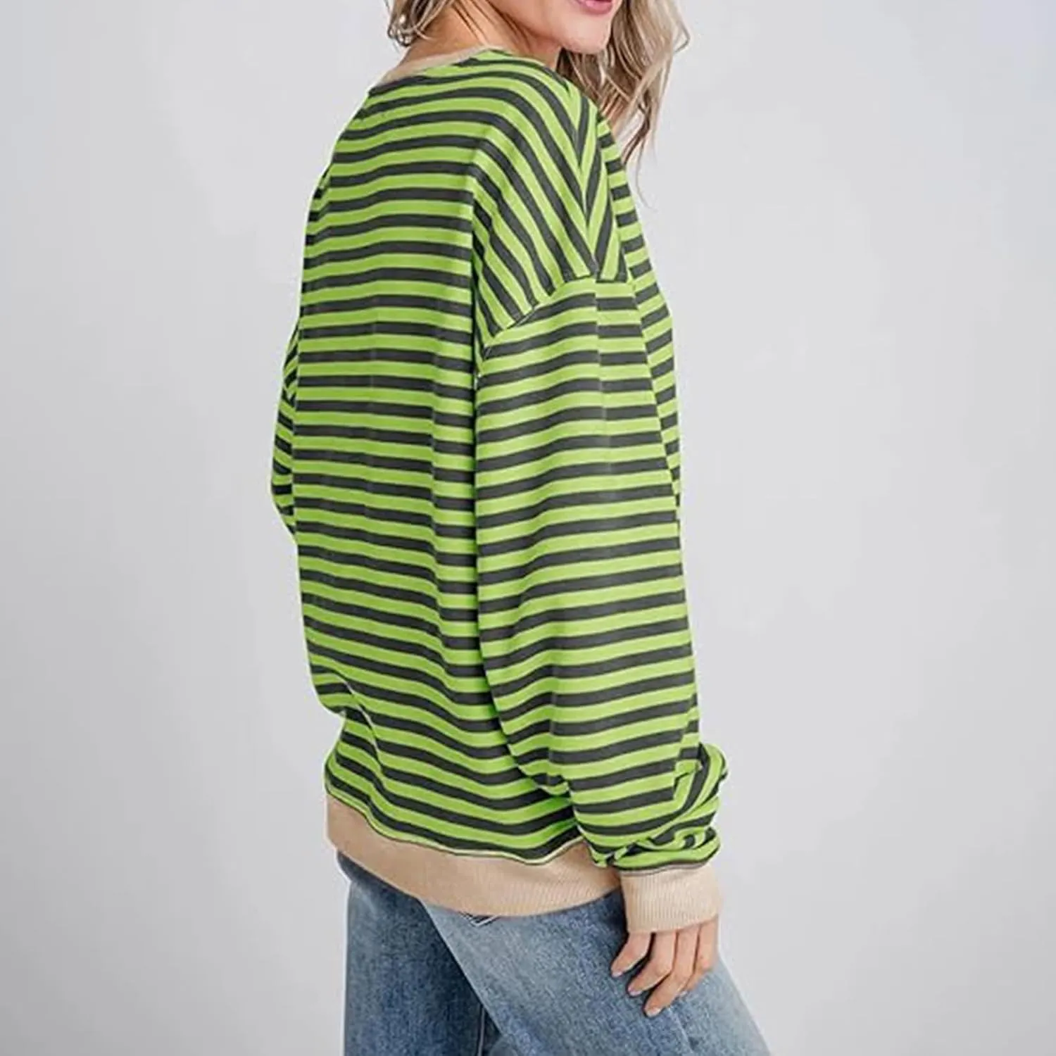 Womens Sweatshirt Casual Striped Color Block Crewneck Pullover Tops Fleece Soft Cofmy Clothes 2024 Fshion Fall Tops