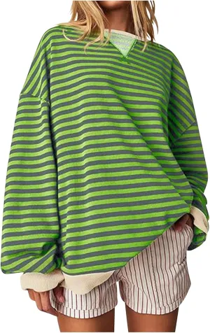 Womens Sweatshirt Casual Striped Color Block Crewneck Pullover Tops Fleece Soft Cofmy Clothes 2024 Fshion Fall Tops