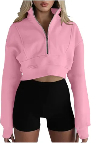 Womens Sweatshirt Half Zip Cropped Pullover Sweatshirts Stand Collar Pullover Tops With Thumb Hole Fleece Soft Outfits