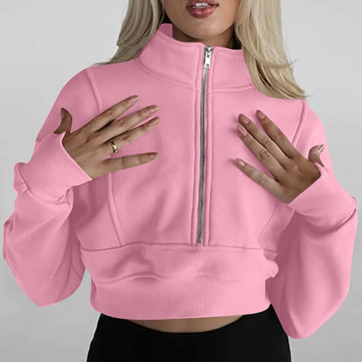 Womens Sweatshirt Half Zip Cropped Pullover Sweatshirts Stand Collar Pullover Tops With Thumb Hole Fleece Soft Outfits