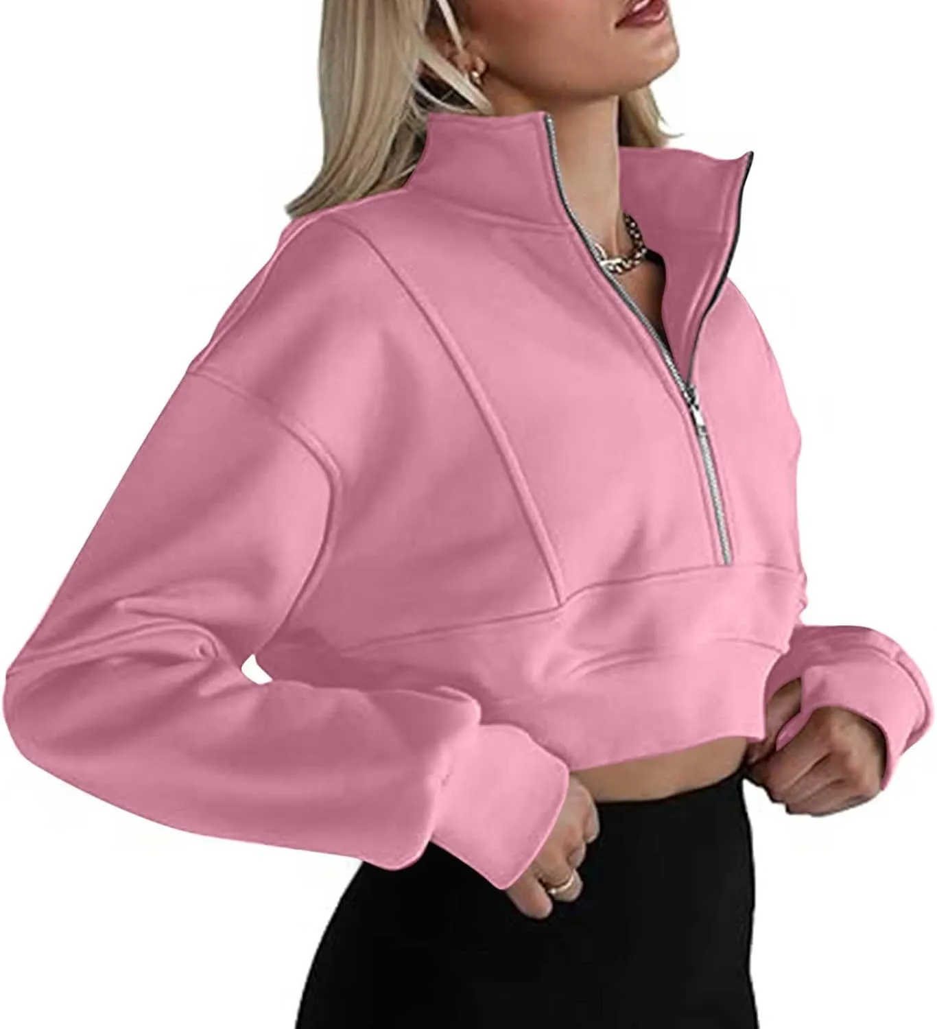Womens Sweatshirt Half Zip Cropped Pullover Sweatshirts Stand Collar Pullover Tops With Thumb Hole Fleece Soft Outfits