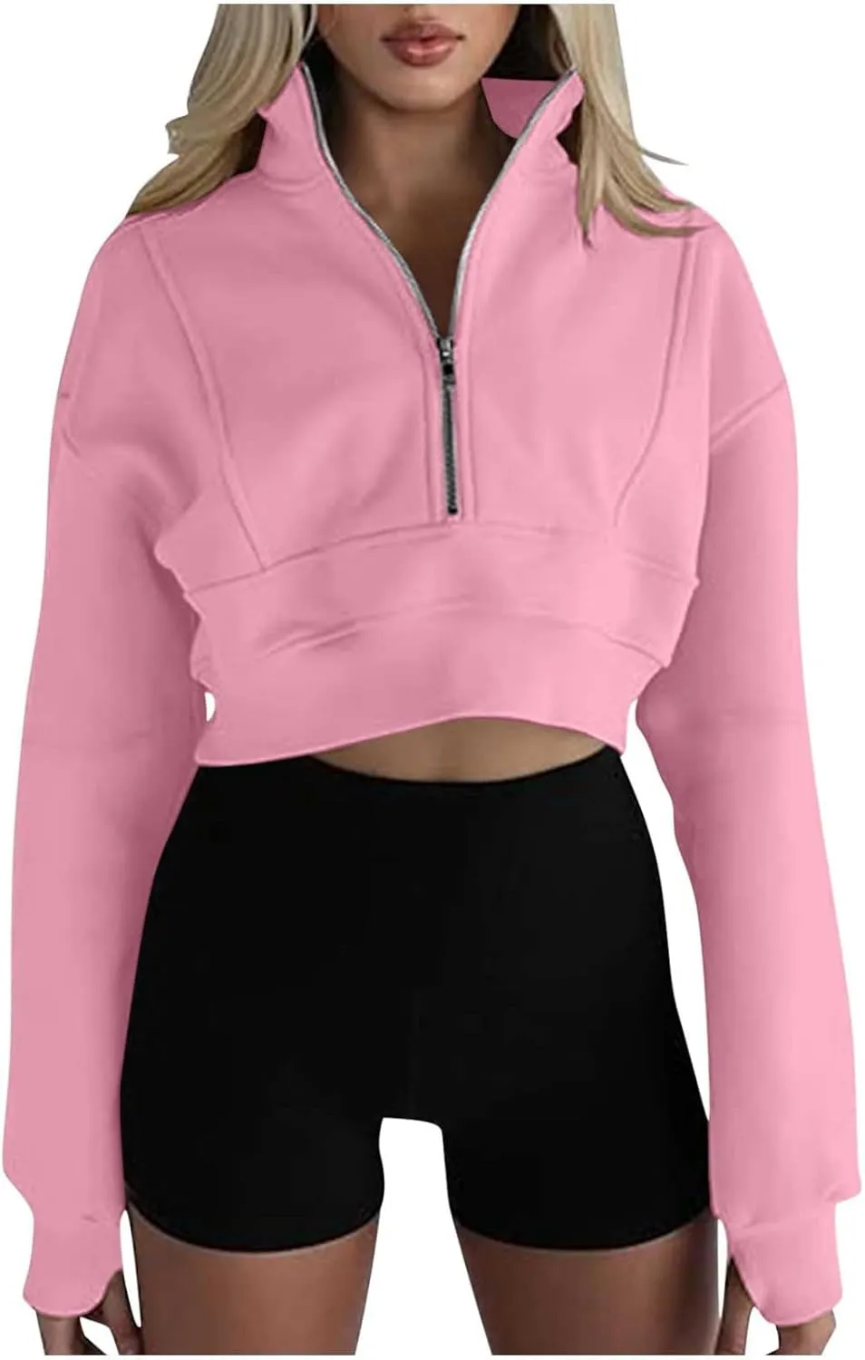 Womens Sweatshirt Half Zip Cropped Pullover Sweatshirts Stand Collar Pullover Tops With Thumb Hole Fleece Soft Outfits