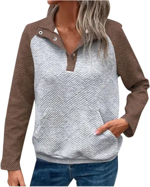 Womens Sweatshirt Long Sleeve V Neck Fashion Fall Pullover Tops Fleece Striped Button Trendy Clothes With Pocket