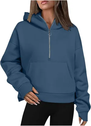 Womens Sweatshirts Half Zip Cropped Pullover Thumb Hole Fleece Quarter Zipper Hoodies Fall Outfits Sweatshirt