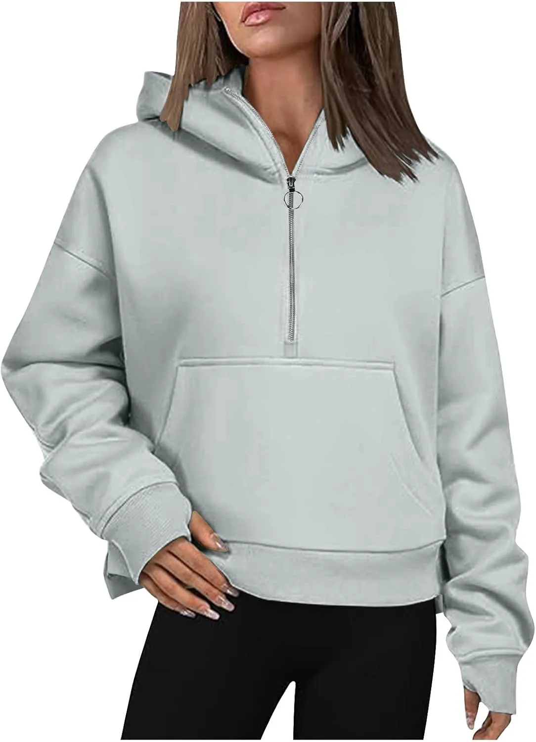 Womens Sweatshirts Half Zip Cropped Pullover Thumb Hole Fleece Quarter Zipper Hoodies Fall Outfits Sweatshirt