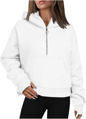 Womens Sweatshirts Half Zip Cropped Pullover Thumb Hole Fleece Quarter Zipper Hoodies Fall Outfits Sweatshirt
