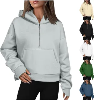 Womens Sweatshirts Half Zip Cropped Pullover Thumb Hole Fleece Quarter Zipper Hoodies Fall Outfits Sweatshirt