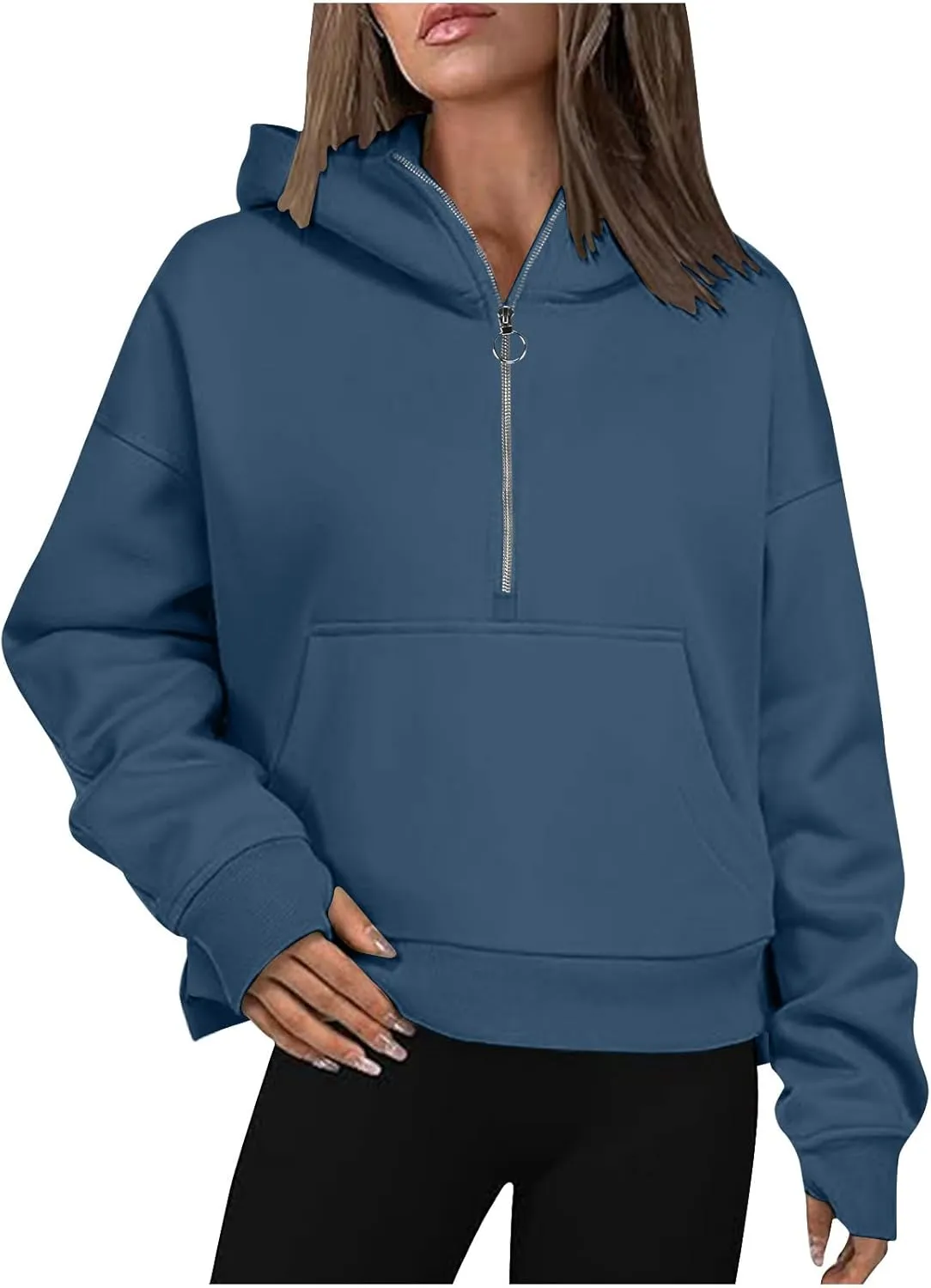 Womens Sweatshirts Half Zip Cropped Pullover Thumb Hole Fleece Quarter Zipper Hoodies Fall Outfits Sweatshirt