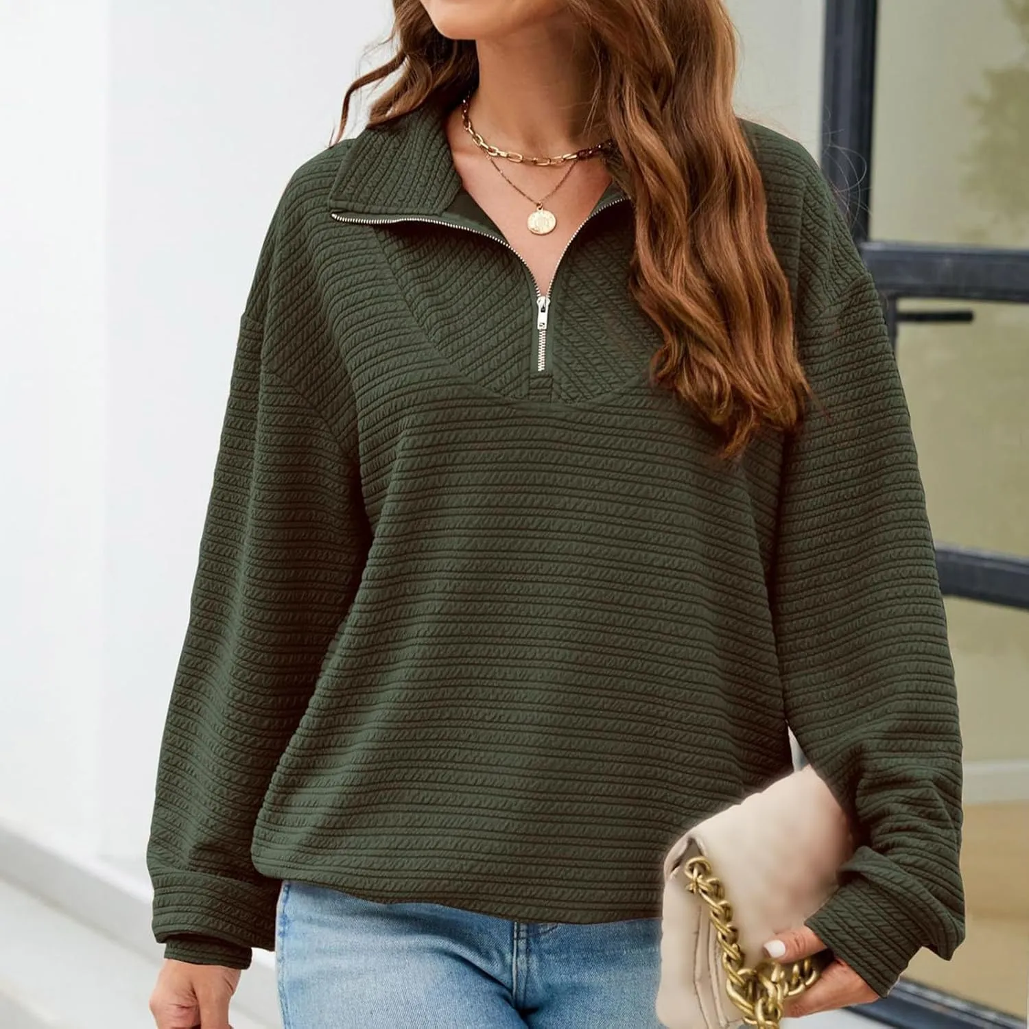 Womens Sweatshirts Half Zip Long Sleeve Sweater Fashion Waffle Plain Warm Tops Fall Trendy Fleece Pullover Top 2024