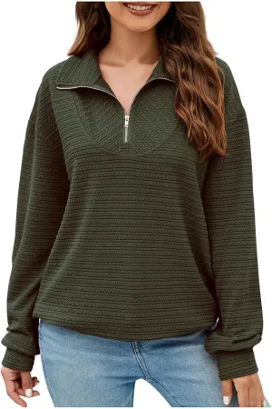 Womens Sweatshirts Half Zip Long Sleeve Sweater Fashion Waffle Plain Warm Tops Fall Trendy Fleece Pullover Top 2024