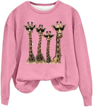 Womens Sweatshirts Pullover Long Sleeve Crewneck Cute Giraffe Graphic Tops Fashion Casual Loose Fleece Sweater Blouses