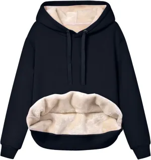 Womens Thick Fleece Hoodies Casual Solid Sweatshirts Comfy Soft Long Sleeve Drawsting Pullover with Pocket 2024 Tops