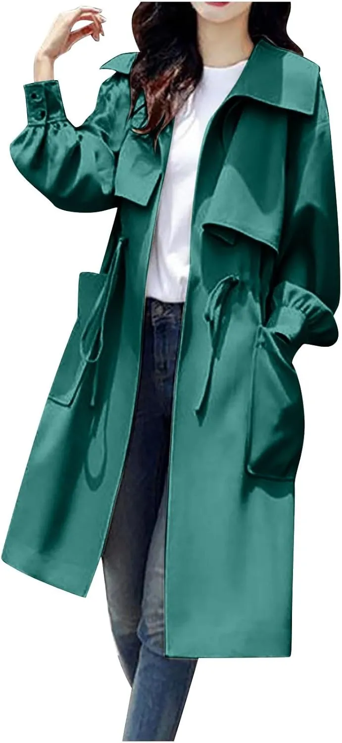 Womens Trench Coat Casual Loose Classic Lapel Drawstring Waist Fall Winter Oversized Windbreaker Overcoat Outwear Jacket