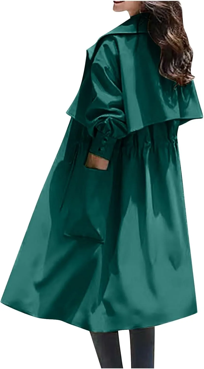 Womens Trench Coat Casual Loose Classic Lapel Drawstring Waist Fall Winter Oversized Windbreaker Overcoat Outwear Jacket