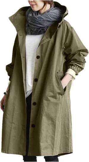 Women's Trench Coats with Hood Windbreaker Single Breasted Long Trench Coat Casual Classic Jacket Overcoat Outwear