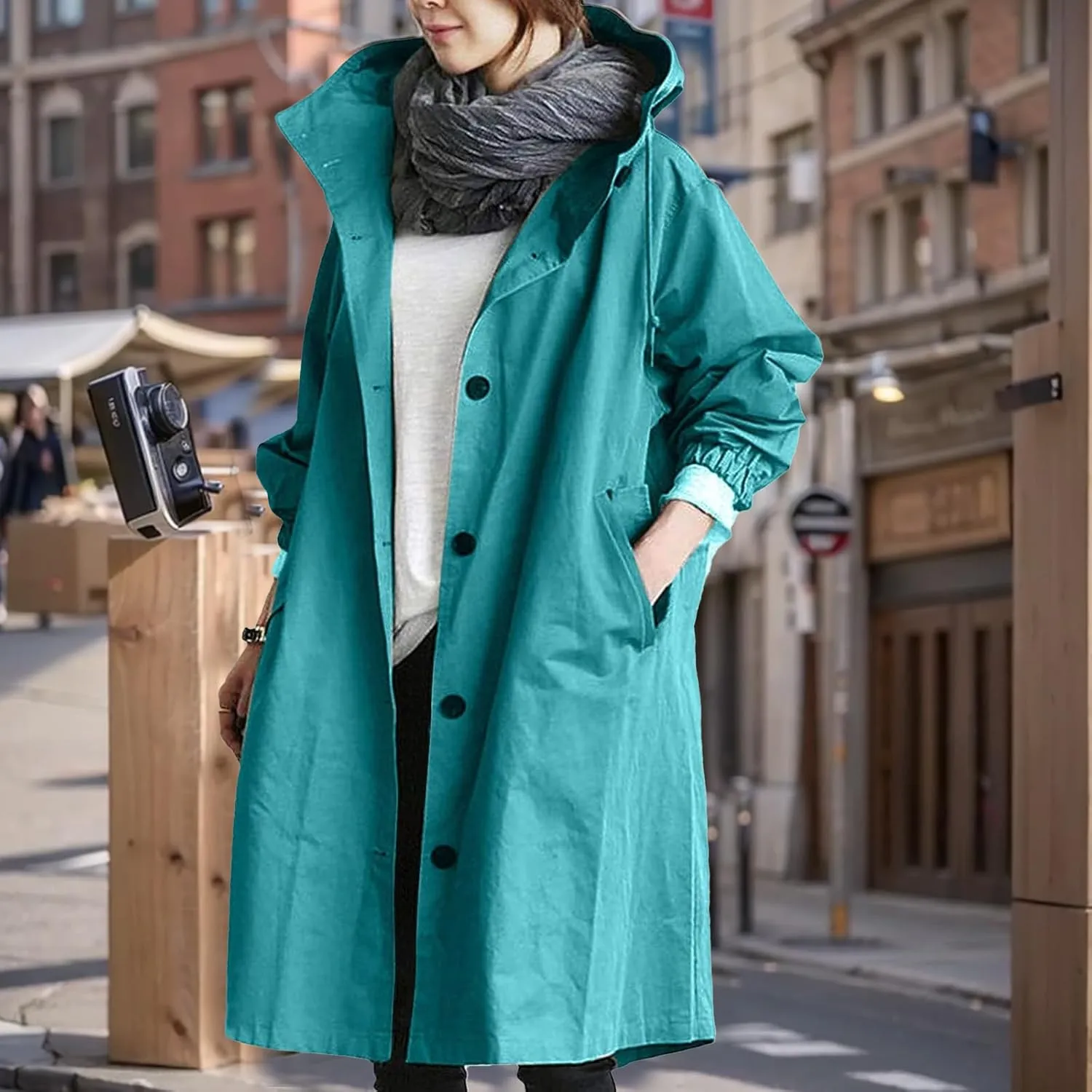 Women's Trench Coats with Hood Windbreaker Single Breasted Long Trench Coat Casual Classic Jacket Overcoat Outwear