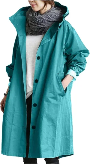 Women's Trench Coats with Hood Windbreaker Single Breasted Long Trench Coat Casual Classic Jacket Overcoat Outwear