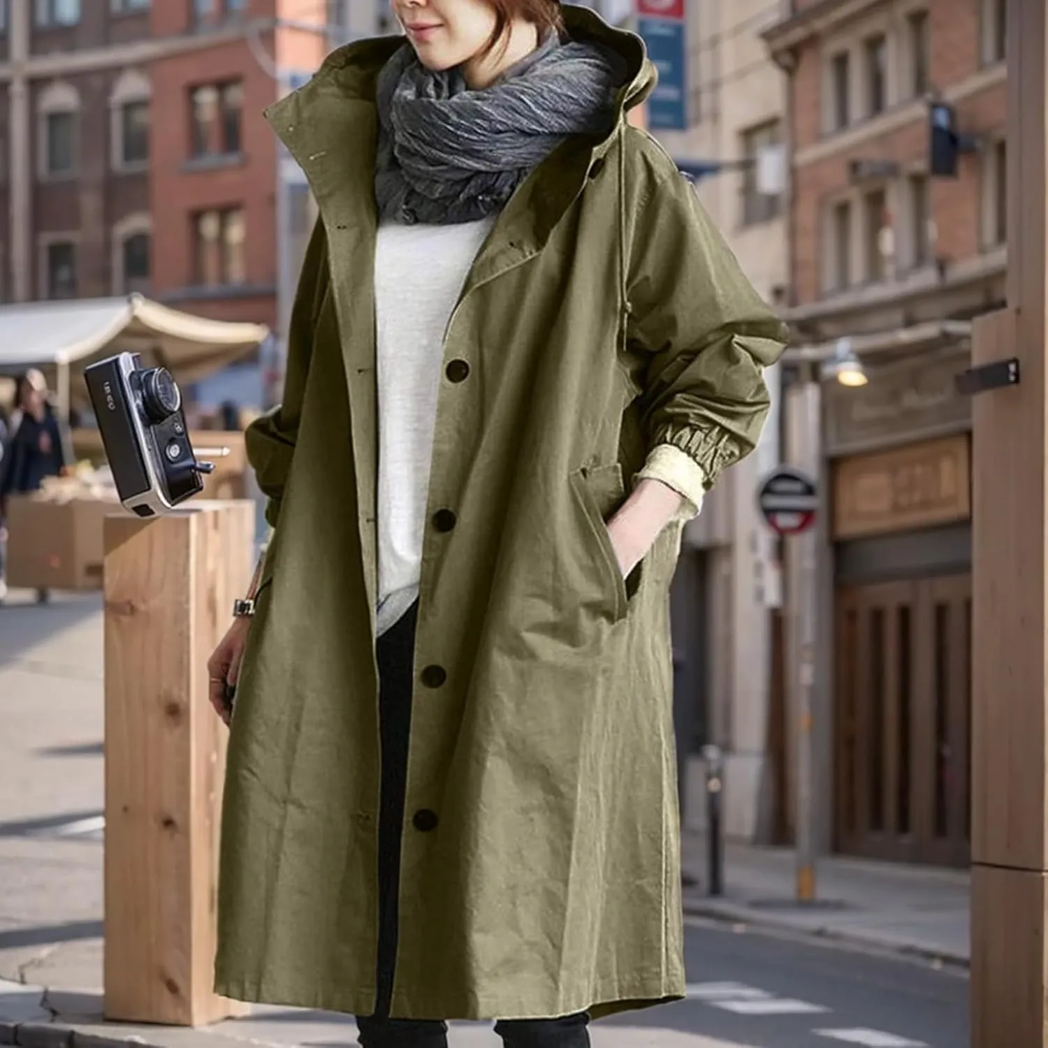 Women's Trench Coats with Hood Windbreaker Single Breasted Long Trench Coat Casual Classic Jacket Overcoat Outwear