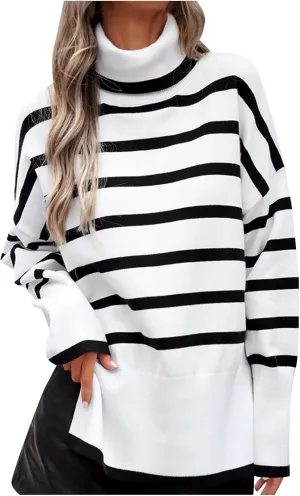 Women's Trendy Fall Winter Striped Long Sleeve Turtleneck Side Slits Sweater Knit Casual Oversized Loose Pullover Tops