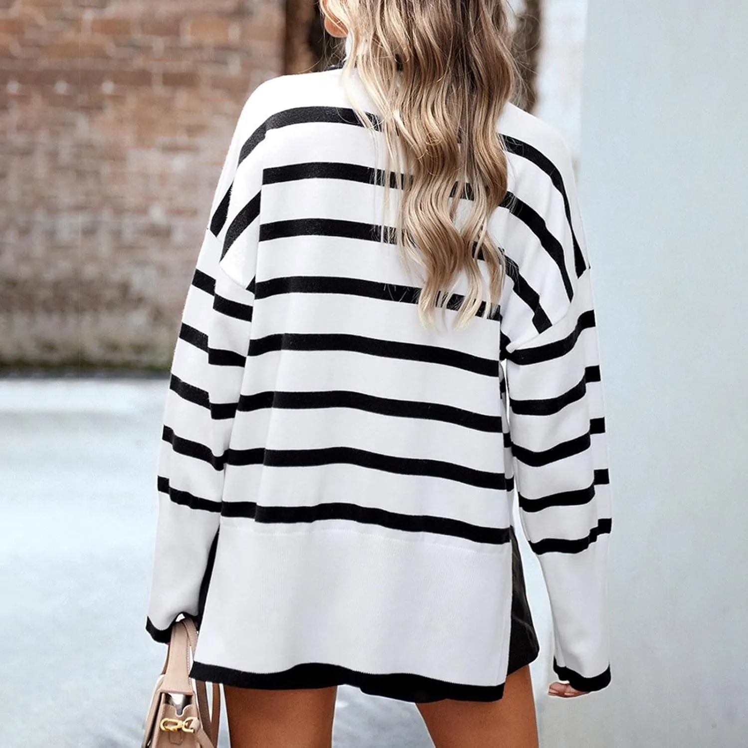 Women's Trendy Fall Winter Striped Long Sleeve Turtleneck Side Slits Sweater Knit Casual Oversized Loose Pullover Tops