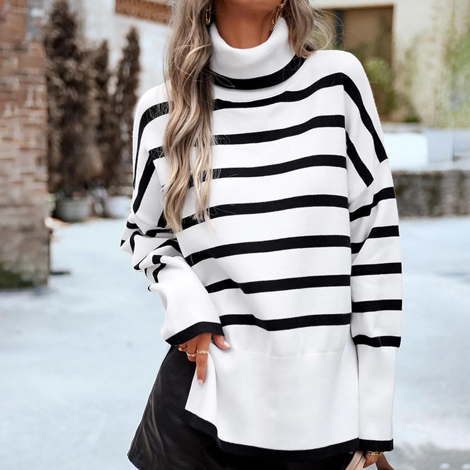 Women's Trendy Fall Winter Striped Long Sleeve Turtleneck Side Slits Sweater Knit Casual Oversized Loose Pullover Tops
