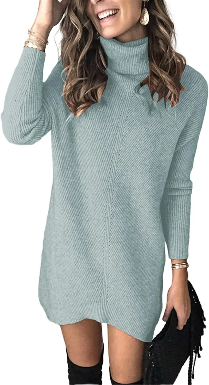 Womens Turtleneck Long Sleeve Pullover Sweater Dress Fall Winter Long Tunic Ribbed Knit Sweaters Warm Knitting Tops
